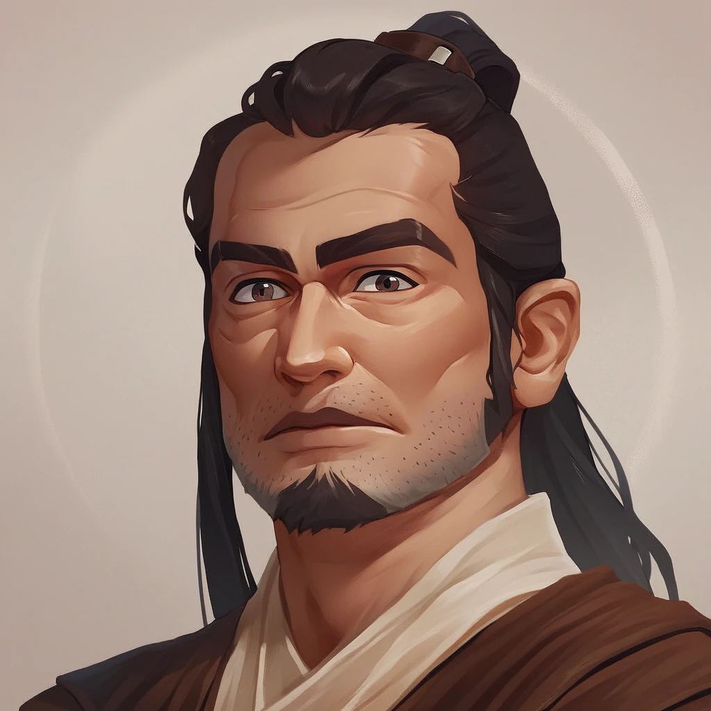 score_9, score_8_up, score_7_up, Syfo-Dias, Star Wars, Jedi,  solo, long hair, looking at viewer, brown hair, black hair, 1boy, male focus, ponytail, facial hair, portrait, beard, stubble, general