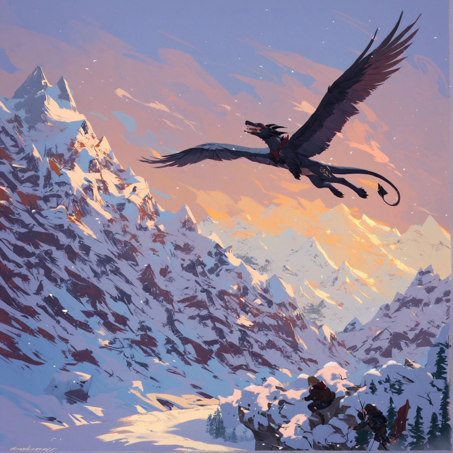 huge black dragon, flying, snow, mountains, <lora:Ted_Nasmith_Style-Pony_XL:0.75>, BREAK score_9, score_8_up, score_7_up, best quality, masterpiece, 4k, prefect lighting, very aesthetic, anime, zPDXL2