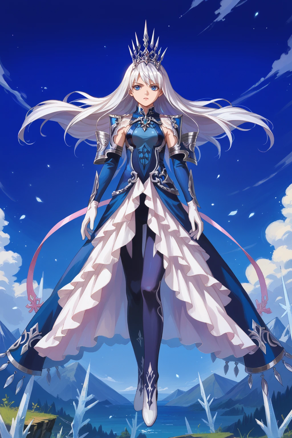 score_9, score_8_up, score_7_up, score_6_up, score_5_up, score_4_up, BREAK source_anime,swony mountains background
edgShiva,white hair,crown of ice,dress,armor blue eyes, gloves, full body
<lora:edgShivaPony:1>