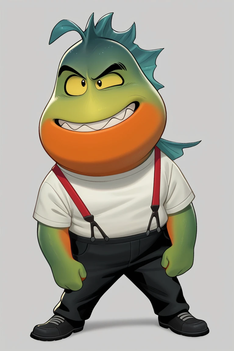 score_9, score_8_up, score_7_up, MrPiranha, , anthro, biped, bottomwear, clothing, concept art, dreamworks, fish, green body, marine, mr. piranha (the bad guys), official art, pants, piranha (fish), serrasalmid, shirt, simple background, solo, suspenders, taylor krahenbuhl, the bad guys, topwear