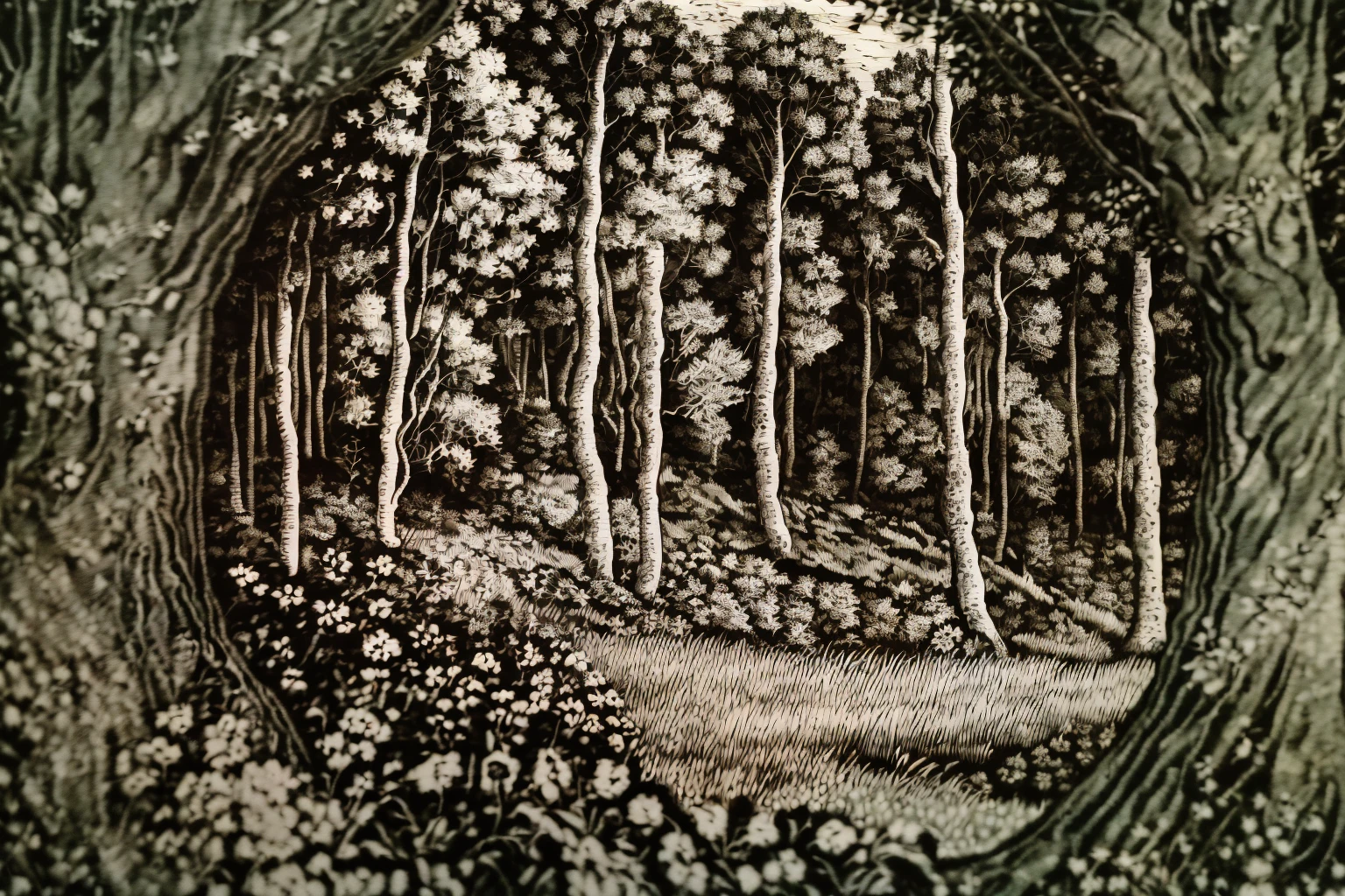 (((woodcut, monochrome))), masterpiece, ultra-detailed, best quality, illustration, 8k cg wallpaper, an extremely delicate and beautiful, stunning landscape, forest, trees, bushes, flowers, grass, intricately detailed items in background, <lora:WEE:1>