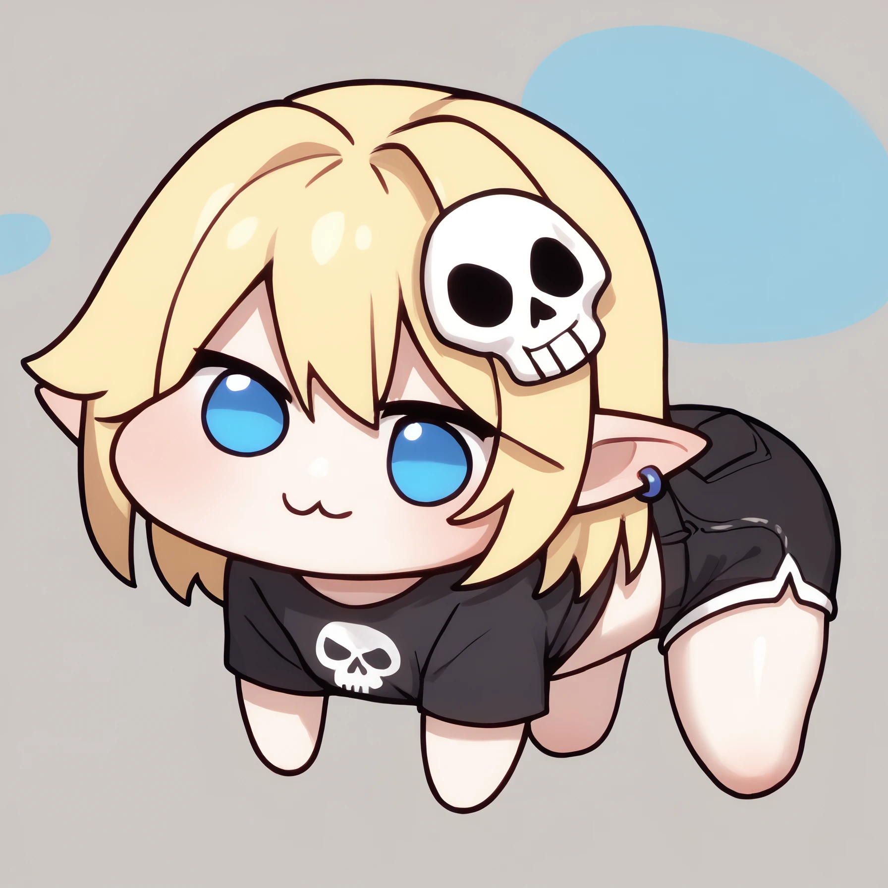 score_9, score_8_up, score_7_up, 1girl, sasro, pointy ears, blue eyes, ear piercing, blonde hair, medium hair, 
black shirt, tied shirt, crop top, skull print, print shirt, black shorts, demin shorts, hot pants,
<lora:Doro_X_PDXL_V1:1.1>, doro, creature, :3, chibi, no humans, four legs, solid circle eyes, no pupils, all fours, solo,
simple background, 
<lora:Sassy-Ronin-PDXL_V1-Manityro-CAME:1.0>,