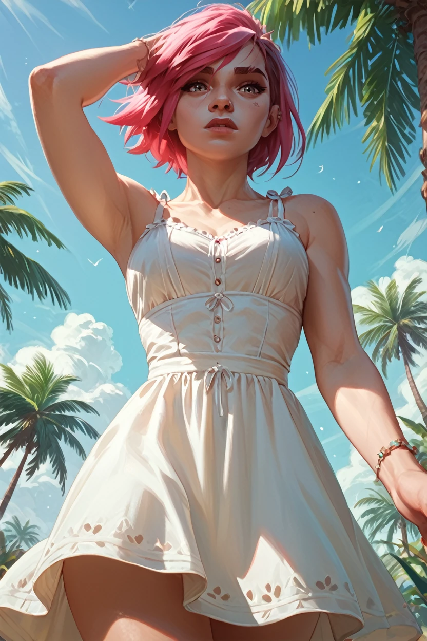 score_9, score_8_up, score_7_up, score_6_up
<lora:ALVi:1.0>
ALVi, 1girl, pink hair, short hair, looking at viewer, on a tropical island, sundress, palm trees