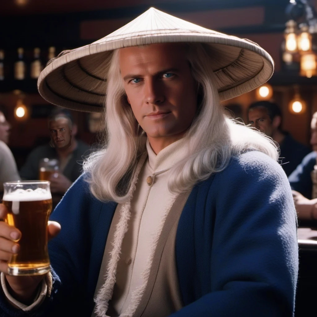 cinematic photo a man, long white hair, hat, blue eyes, having a beer in a pub <lora:Raiden1995-1024:0.8> . 35mm photograph, film, bokeh, professional, 4k, highly detailed