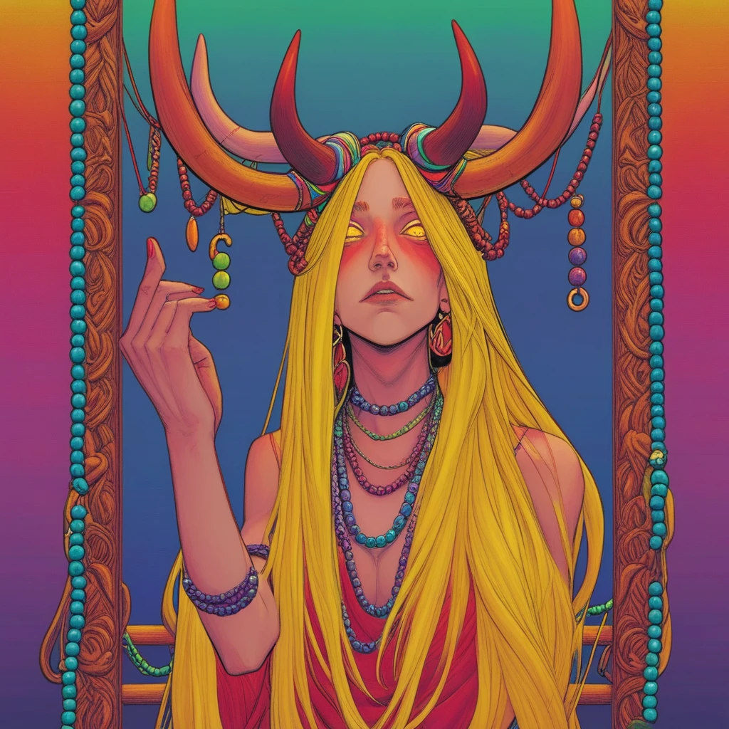 end_inkpunk_style, horns, solo, 1girl, jewelry, beads, yellow eyes, long hair, looking at viewer, necklace, colored skin, portrait, earrings, border, bead necklace, hand up, closed mouth, head rest, red skin, inked, ink wash, ink splatter, best quality, masterpiece