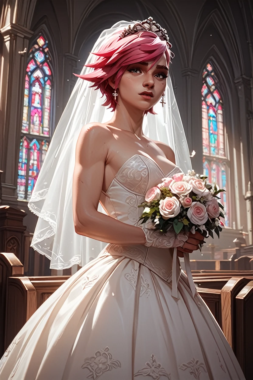 score_9, score_8_up, score_7_up, score_6_up
<lora:ALVi:1.0>
ALVi, 1girl, pink hair, short hair, looking at viewer, wearing a wedding dress, bridal veil, inside a church