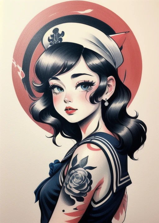 (ttatt:1.2), (traditional style:1.2), sailor girl, far shot, full size, (masterpiece:1.2), (white background:1.2), high detailed, simple painting, tattoo design