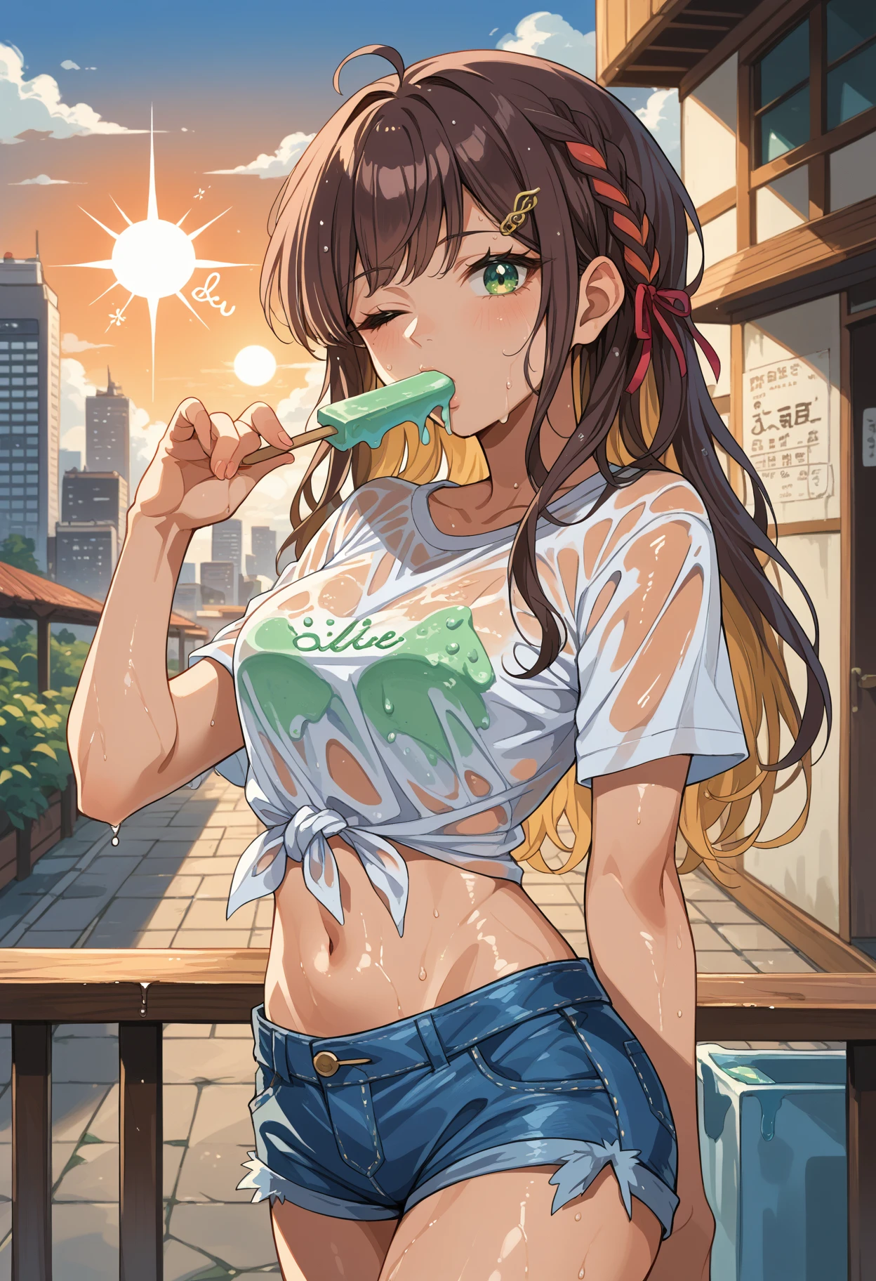 score_9, score_8_up, source_anime, 1girl, solo, MioriCelesta, long hair, multicolored hair, braid, hair ribbon, musical note hair ornament, white t-shirt, sweat, see-through, wet shirt, denim shorts, one eye closed, looking at viewer, popsicle, ice cream, eating ice cream, sun, city, tied shirt, midriff, <lora:ChamMioriCelestaPonyXL:1>