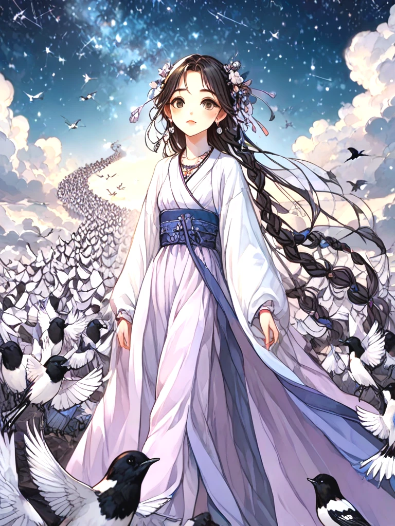 source_anime, magpie bridge, birds flock, tanabata, hanfu, weaver girl, walking, big tits, long hair, braids, hair flower, hair ornament, necklace, earrings, floating hair, fog, wind, cloud, high sky, starry sky, colorful sky, looking at viewer, <lora:girllikemagpiebridge_pony:1>