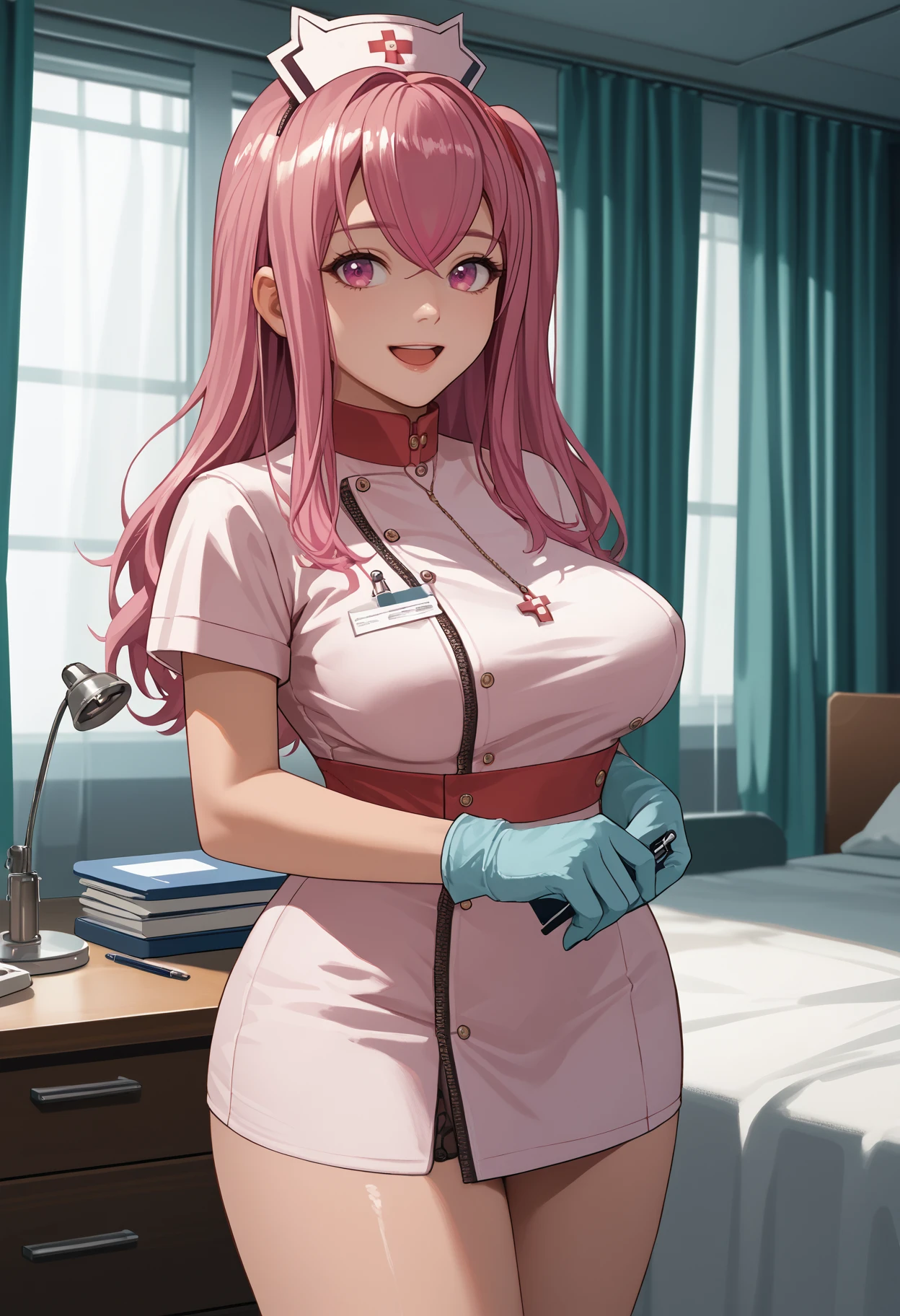 score_9, score_8_up, score_7_up, source_anime BREAK 1girl, solo, <lora:pepper-nikke-richy-v1_pdxl:1> ppprdf, pink eyes, pink hair, long hair, sidelocks, side ponytail, large breasts, nurse cap, nurse, wide hips, standing, looking at viewer, smile, open mouth, indoors, infirmary, curtains