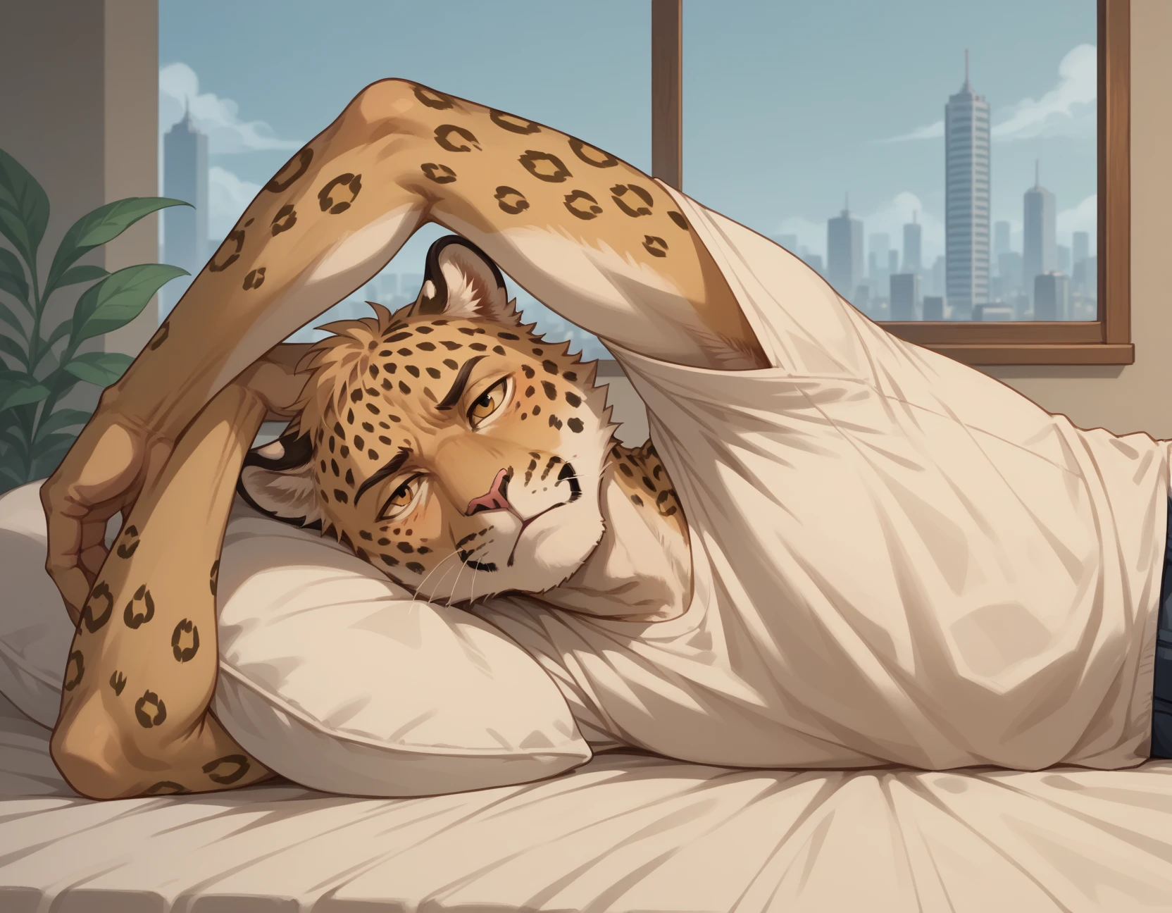 score_9, score_8_up, score_7_up, score_6_up, score_5_up, score_4_up, 1boy, furry, solo, Impressionism, tired, jaguar, a tranquil Japanese Zen garden, hud_pr0ppedup, arms up, upper body, lying, on side, <lora:hud_pr0ppedup_XLP:0.6>, bed, window, cityscape