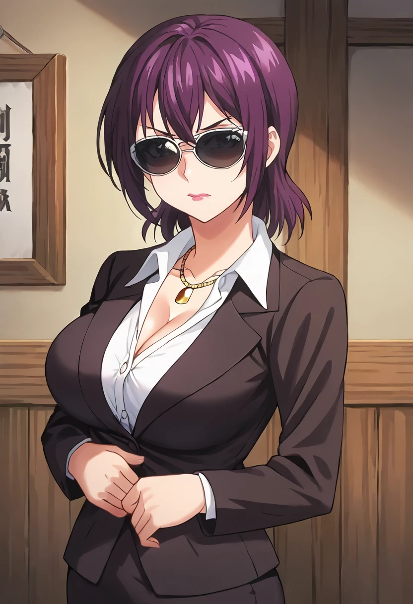 score_9, score_8_up, score_7_up, masterpiece, source_anime, 1girl, ct_yaeko, medium hair, purple hair, large breasts, gold necklace, black suit, long sleeves, black pencil skirt, pantyhose, looking at viewer, indoors, wooden wall, cowboy shot, facing viewer, closed mouth, lips, upper body, sunglasses, <lora:YaekoMinegasaki_Pony_ct_ver3:1>