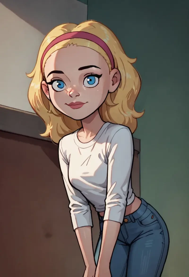 score_9, score_8_up, score_7_up,RoseAD, blonde hair, blue eyes,hairband,white shirt,jeans,looking at viewer