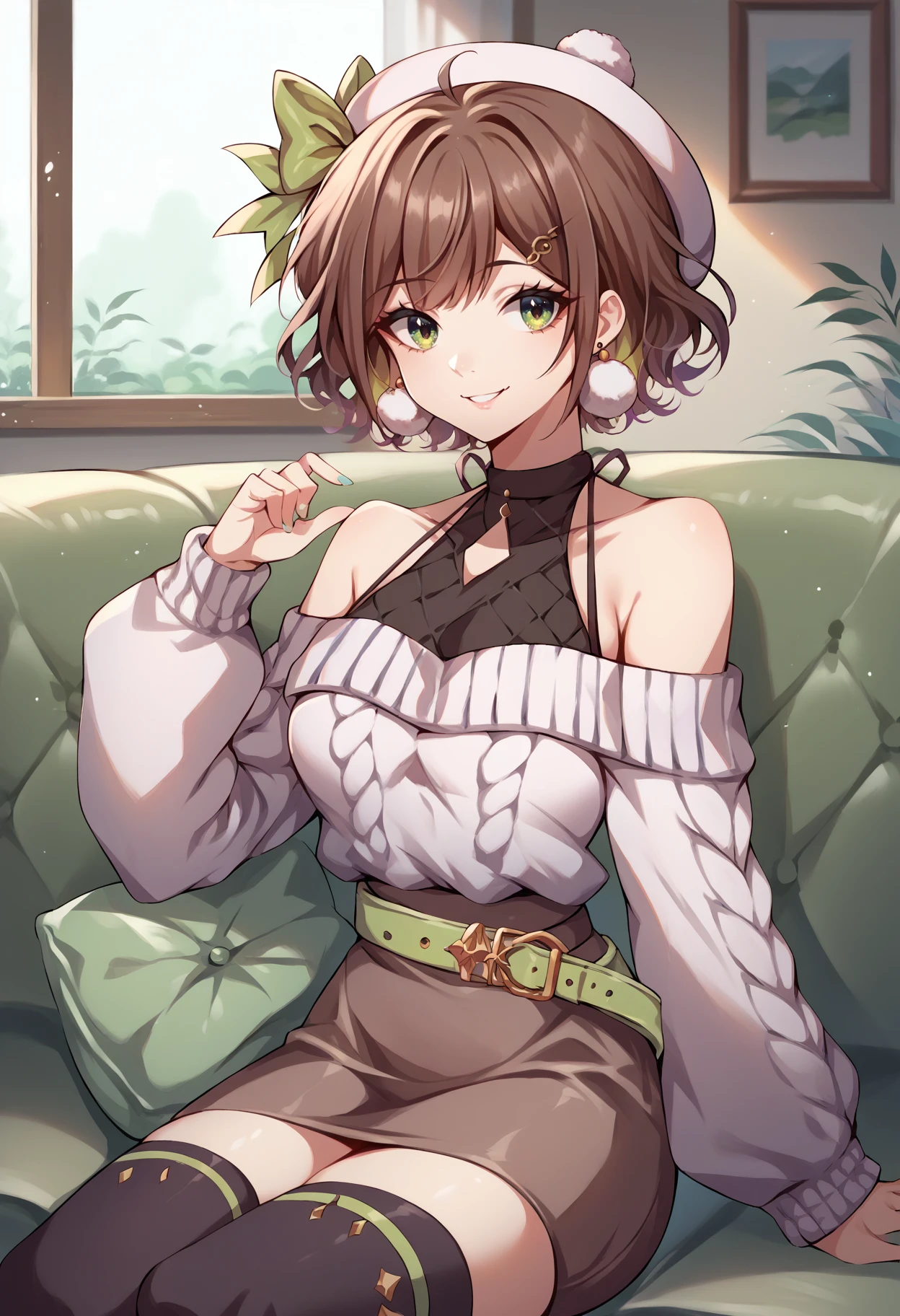 score_9, score_8_up, source_anime, 1girl, solo, MioriCasual, short hair, white hat, hat bow, hairclip, earrings, white sweater, off shoulder, halterneck, brown skirt, green belt, black thighhighs, sitting, indoors, on couch, smile, <lora:ChamMioriCelestaPonyXL:1>