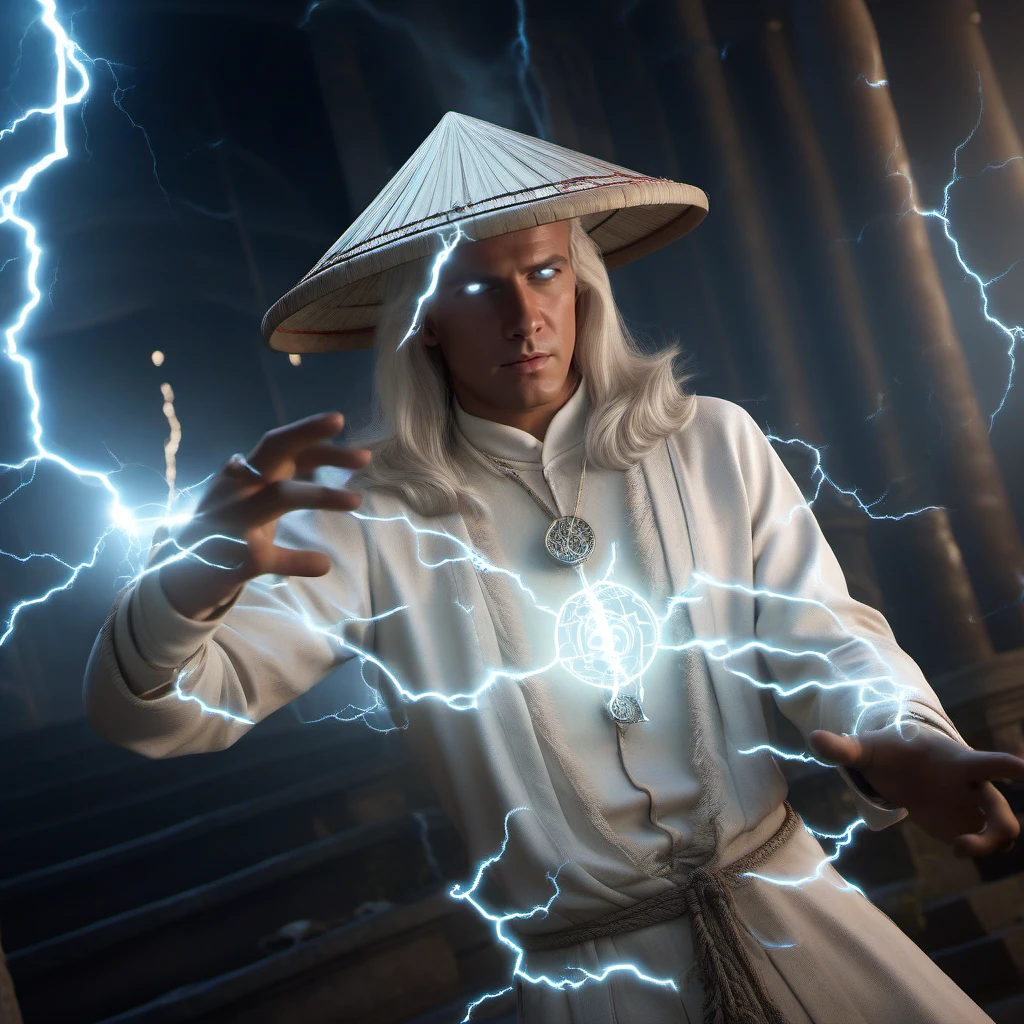 cinematic photo a full body portrait 1boy, male focus, dressed in white, hat, casting electricity lightning spell with his hands,  long white hair, glowing white electric eyes, in a temple in ruins <lora:Raiden1995-1024:0.8> . 35mm photograph, film, bokeh, professional, 4k, highly detailed