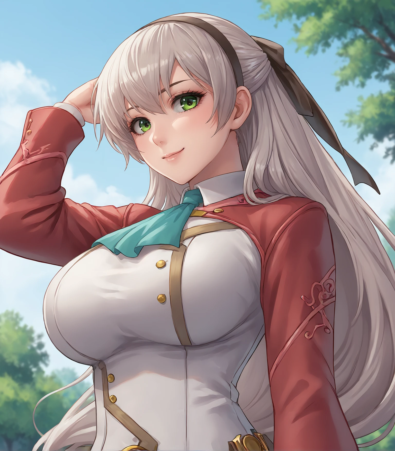 score_9, score_8_up, score_7_up, score_6_up, score_5_up, score_4_up, BREAK source_anime,
1girl, solo,  upper body, portrait  looking at viewer, smile, outdoors, sky, trees, 
<lora:Racoonkun_Artist_Style:0.6>, racoonsan,,  
 <lora:ElieMacDowell:0.9>, Elie MacDowell, green eyes, silver hair, platinum blonde hair, long hair, huge breasts, hairband,  red coat, white shirt, blue ascot, hair ribbon, long sleeves, belt, pantyhose, white boots