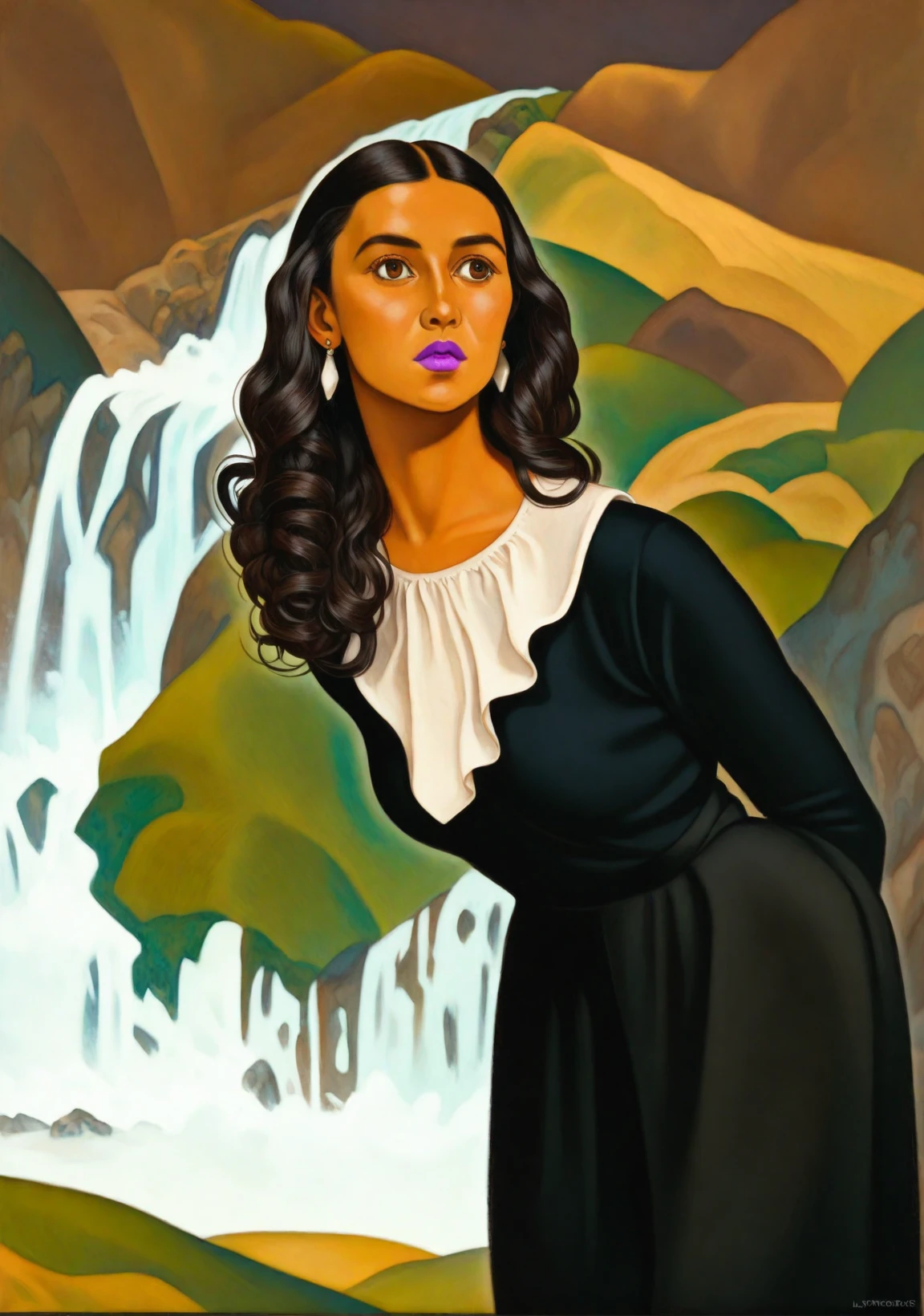 <lora:rita-angus_pony_v1:0.95> ( 'Feelz' by Angus Rita in 1953,
landscape \(genre\),
 surrealism \(style\) :1.1),
crisp white button-up shirt with black dress pants, diva, tall, toned, square face, olive skin, black hair, dark brown eyes, straight nose, thin lips, prominent chin, long hair, curly hair, waterfall braid, augmented breasts, threader earrings, lavender, velvet lipstick, thumb down, flying, score_9, score_6_up, score_7_up