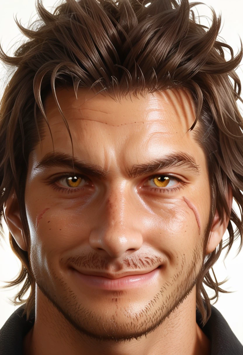 End_FF_XV, messy hair, stubble, smile, close-up, 1boy, simple background, scar, facial hair, looking at viewer, male focus, solo, realistic, portrait, brown hair, yellow eyes, closed mouth, white background BREAK score_9, score_8_up, score_7_up, score_6_up, score_5_up, score_4_up,