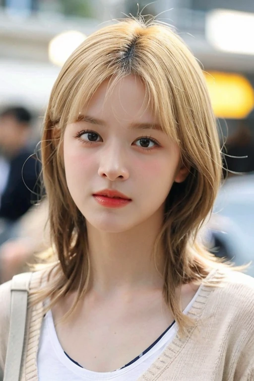 masterpiece, best quality, ultra-detailed, ultra high res, (photorealistic:1.4), raw photo, (realistic:0.2), 8k HDR, realistic lighting, looking at viewer, 1girl, solo, asymmetrical blonde hair, outdoor, sky, (traditional market:1.2), bokeh, (detailed lips), (detailed pores), (detailed skin textures), (detailed face:1.2), (body:1.2), a woman in a cardigan, cowboy shot,