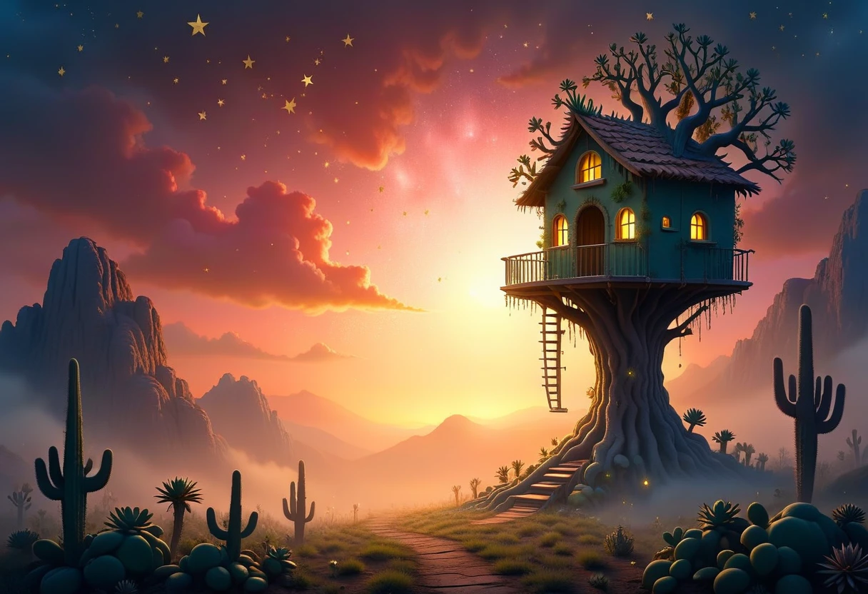 <lora:Flux-XL_Scenery:1>,flux-scenery a tree house with gold stars, during sunrise, rose foggy sky, landscape with cactus, enigmatic presence, connection to nature