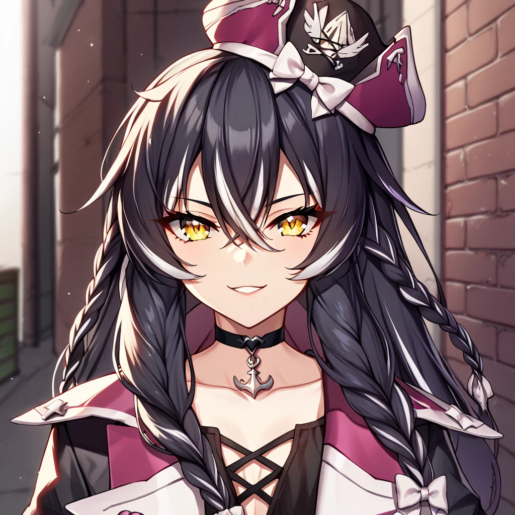 dracasia, 1girl, solo,black hair, solo, braid, streaked hair, multicolored hair, yellow eyes, hair between eyes, long hair, collarbone, looking at viewer, white hair, choker, dark alley way background, seductive smile, hat, black choker, bangs, jacket, black headwear, portrait, <lora:Pony-XL-Dracasia:1>, score_9, score_8_up, score_7_up, score_6_up, source_anime,