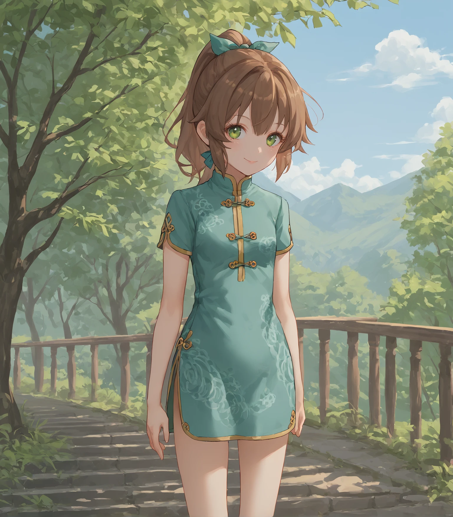 score_9, score_8_up, score_7_up, score_6_up, score_5_up, score_4_up, BREAK source_anime,
1girl, solo,  cowboy shot ,  looking at viewer, smile, outdoors, sky, trees,
<lora:pottsness_style_xl:0.9>, <lora:rhasta:0.6>, 
 <lora:TowaHerschelQipao:0.9>, Towa Herschel, brown hair, ponytail, hair ribbon, green eyes, petite, small breasts, chinese clothes, green dress, green shoes,