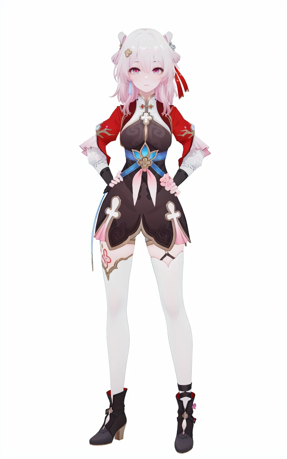 8k, best quality, masterpiece, (ultra-detailed), (high detailed skin), (white background:1.3),
(full body:1.25), (white background), standing, looking at viewer, (solo:1.2), hands on hips,
<lora:March7-v100-000018:0.8>, sanyueqi, 3rd clothes, chinese clothes, 1girl, fingerless gloves, multicolored eyes, breasts, black gloves, white thighhighs,
(beautiful_face), ((intricate_detail)), clear face,
((finely_detailed)), fine_fabric_emphasis,
((glossy)), full_shot,