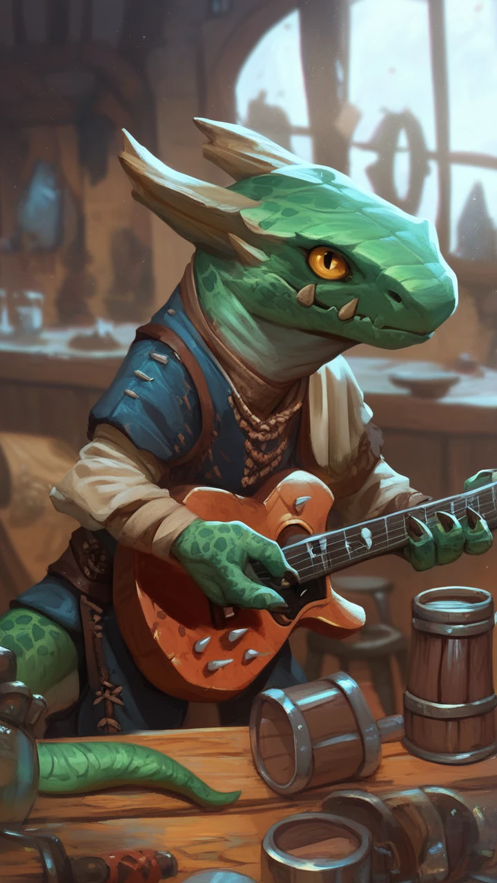 score_9,score_8_up,score_7_up,solo,pathfinder kobold,k0bold,yellow eyes,(green skin),bard,accoustic guitar,tavern,