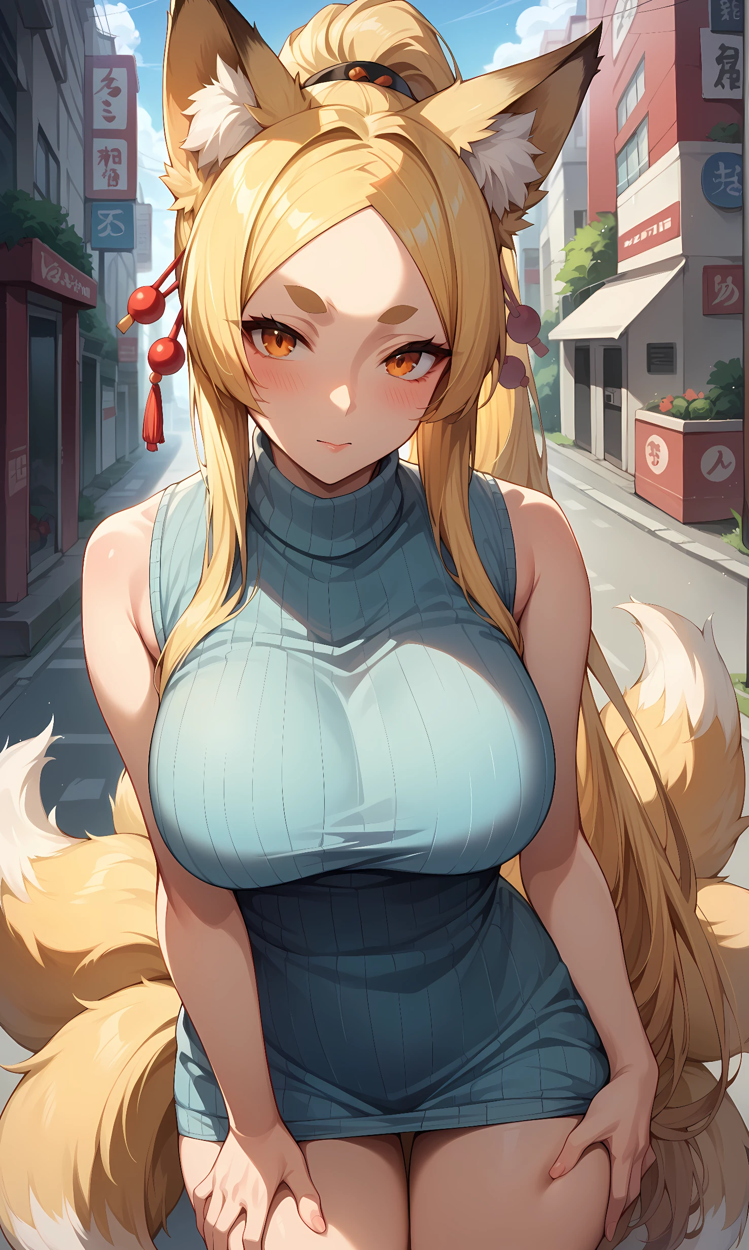 score_9, score_8_up, score_7_up, BREAK source_anime, 1girl, solo, outdoors, street, cowboy shot, looking at viewer, blush, yasaka, orange eyes, thick eyebrow, blonde hair, very long hair, parted bangs, ponytail, fox ears, fox tail, multiple tails, hair ornament, hair stick, ribbed sweater, sweater dress, turtleneck, sleeveless 