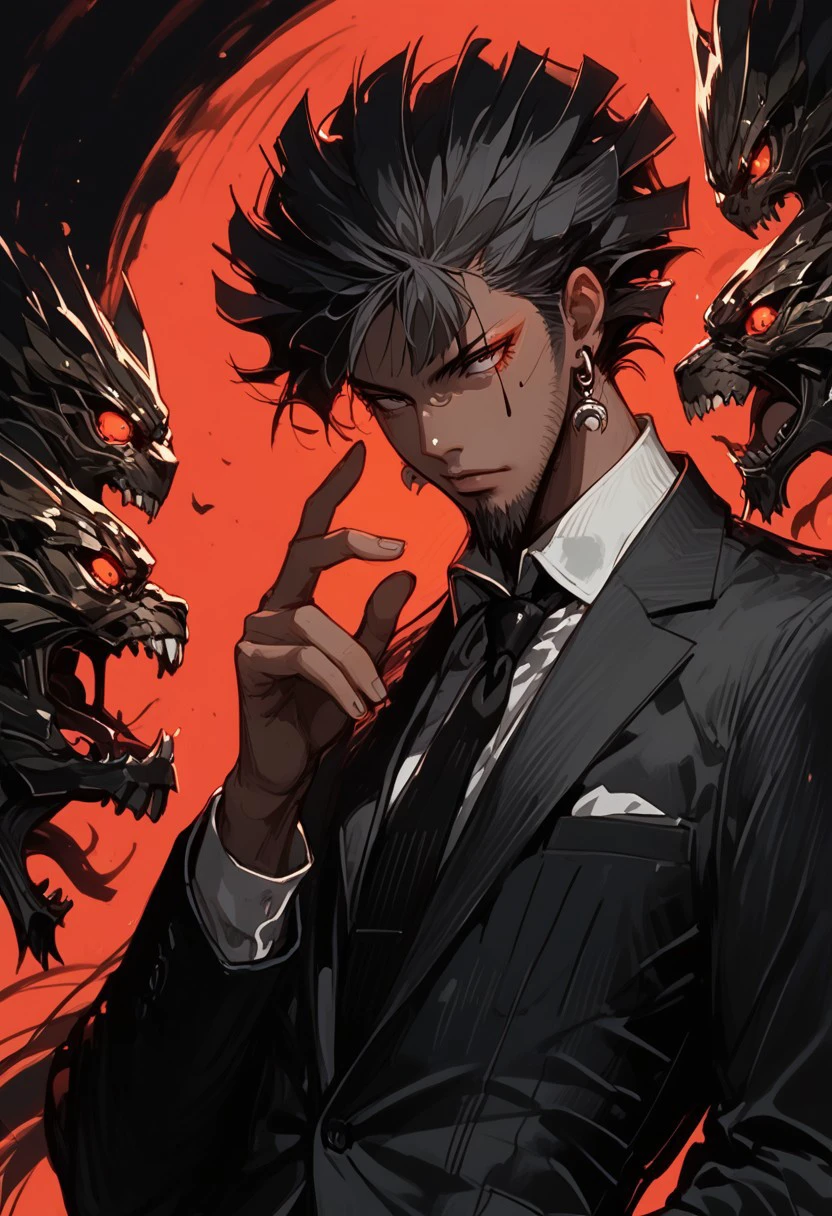 red, score_9, score_8_up, score_7_up, source_anime, rating_safe, flat color, dark theme, 1gothic1, Azutail, 1boy, male focus, grey Azuma earrings, black Azuma facial mark, suit, business man, hands with five fingers, glowing, Expressiveh, sinozick style