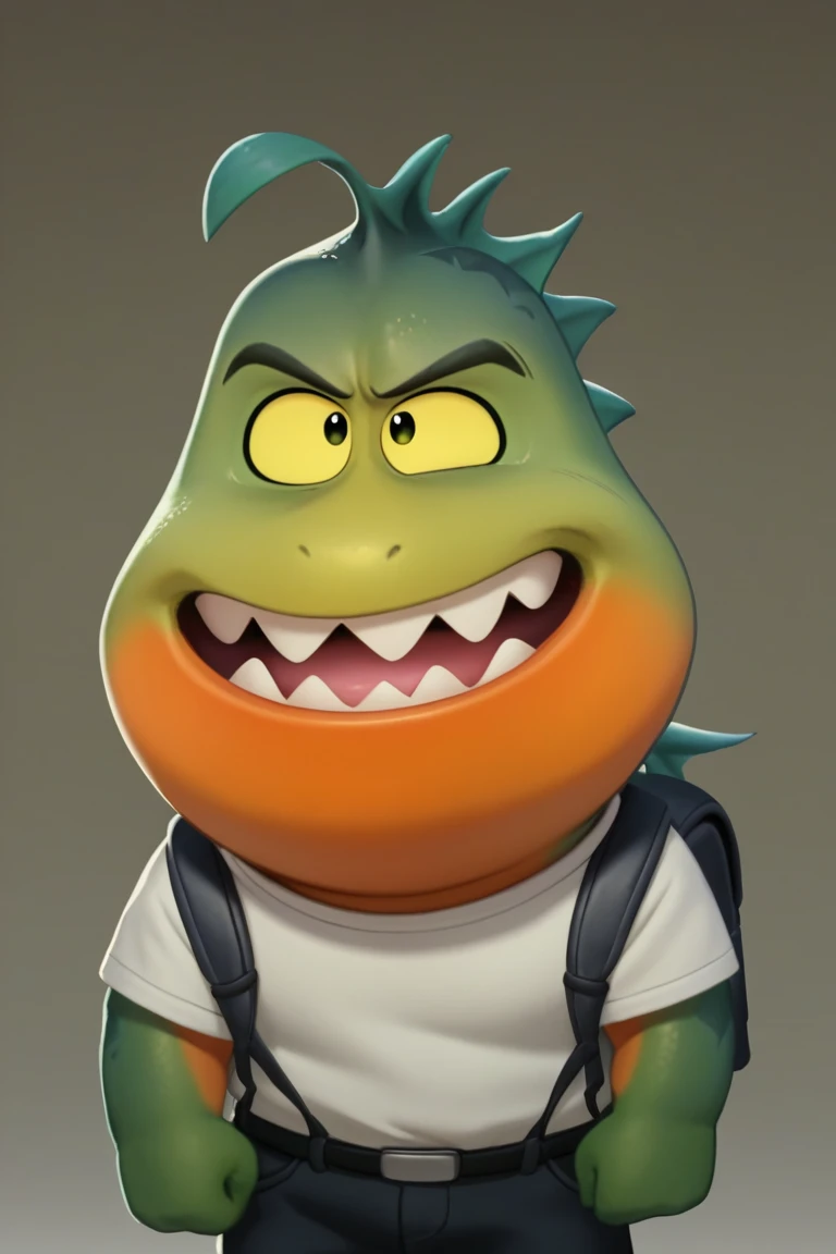 score_9, score_8_up, score_7_up, MrPiranha, , white shirt, black eyes, colored sclera, scalie, clothing, the bad guys, green body, smile, shirt, ahoge, 2022, 2021, 1boy, backpack, male focus, teeth, sharp teeth, yellow sclera, white topwear, open mouth, solo, upper body, hi res, meme, clothed, male, reptile, crocodilian, topwear, dreamworks, green skin, colored skin, anthro