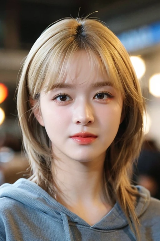 masterpiece, best quality, ultra-detailed, ultra high res, (photorealistic:1.4), raw photo, (realistic:0.2), 8k HDR, realistic lighting, looking at viewer, 1girl, solo, asymmetrical blonde hair, outdoor, sky, (traditional market:1.2), bokeh, (detailed lips), (detailed pores), (detailed skin textures), (detailed face:1.2), (body:1.2), a woman in a hoodie, cowboy shot,