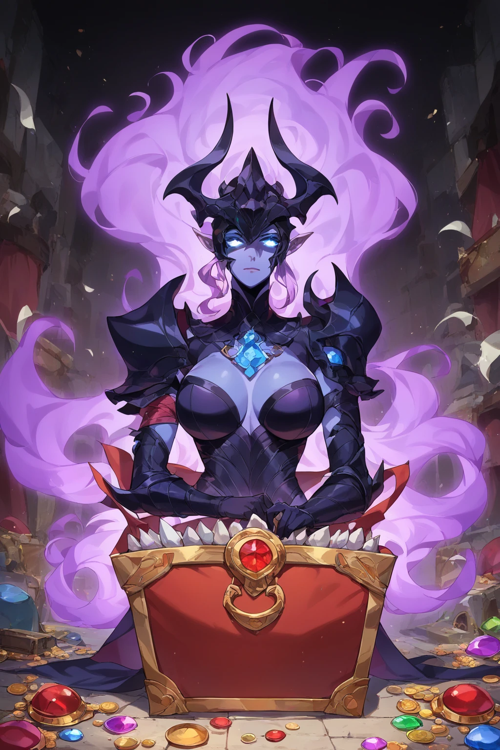 score_9, score_8_up, score_7_up, score_6_up, score_5_up, score_4_up, masterpiece, high quality, full body, purple and black, 1character, solo, facing viewer, portrait, looking at viewer, detailed face, <lora:AriseV2:0.9> Arise, shadow, glowing, aura, shadow_soldier, glowing eyes, <lora:DungeonMimic:0.9> treasure chest, dungeon mimic, mimic, chest 1girl