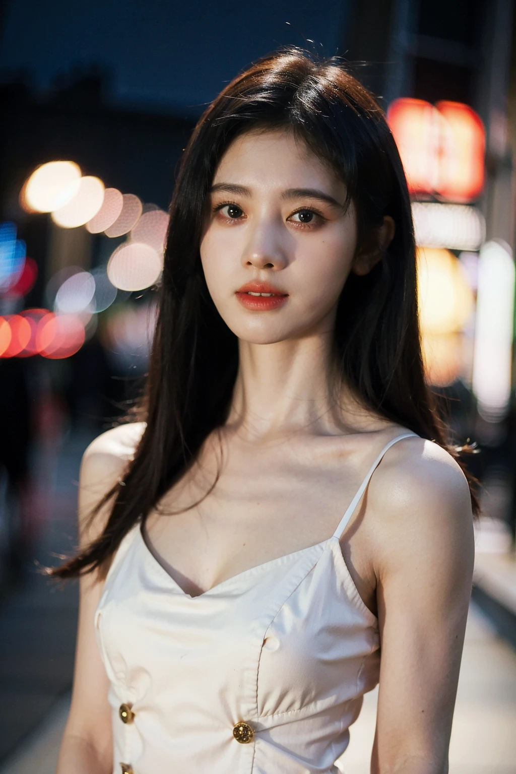 Best quality, masterpiece, ultra high res, (photorealistic), raw photo,1girl, skinny, upper body,solo, realistic, looking at viewer, bokeh background, city streets, mini dress,  <lora:makina69_jujingyi_v1.0:1>