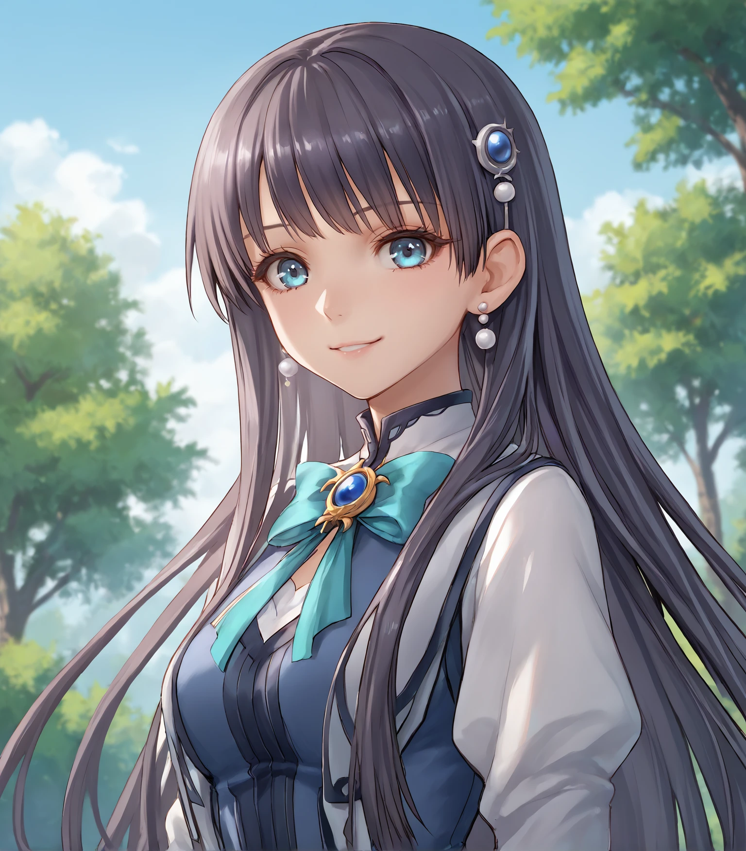 score_9, score_8_up, score_7_up, score_6_up, score_5_up, score_4_up, BREAK source_anime,
1girl, solo,  upper body, portrait  looking at viewer, smile, outdoors, sky, trees, 
<lora:Racoonkun_Artist_Style:0.6>, racoonsan,,  
 <lora:EliseSchwarzer:0.9>, Elise Schwarzer, blue eyes, long hair, black hair,  medium breasts, hair ornament, jewelry, pearl earrings, blue dress, white sleeves, white boots, black pantyhose