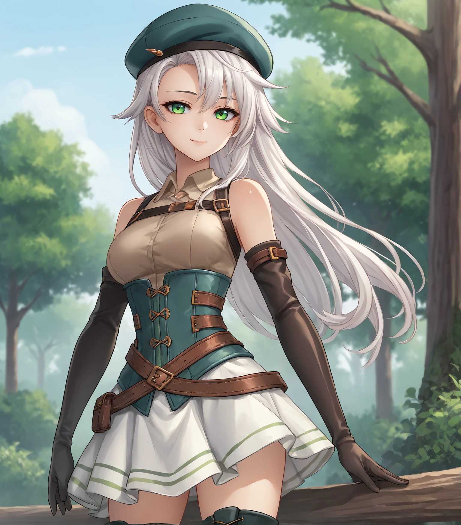 score_9, score_8_up, score_7_up, score_6_up, score_5_up, score_4_up, BREAK source_anime,
1girl, solo,  cowboy shot  looking at viewer, smile, outdoors, sky, trees, 
<lora:Racoonkun_Artist_Style:0.6>, racoonsan,,  
 <lora:FieClaussellKuro:0.9>, Fie Claussell, white hair, long hair, green eyes, medium breasts, green beret, green corset, white skirt, brown top, bare shoulders, black gloves, elbow gloves,  black boots, thighhigh boots,