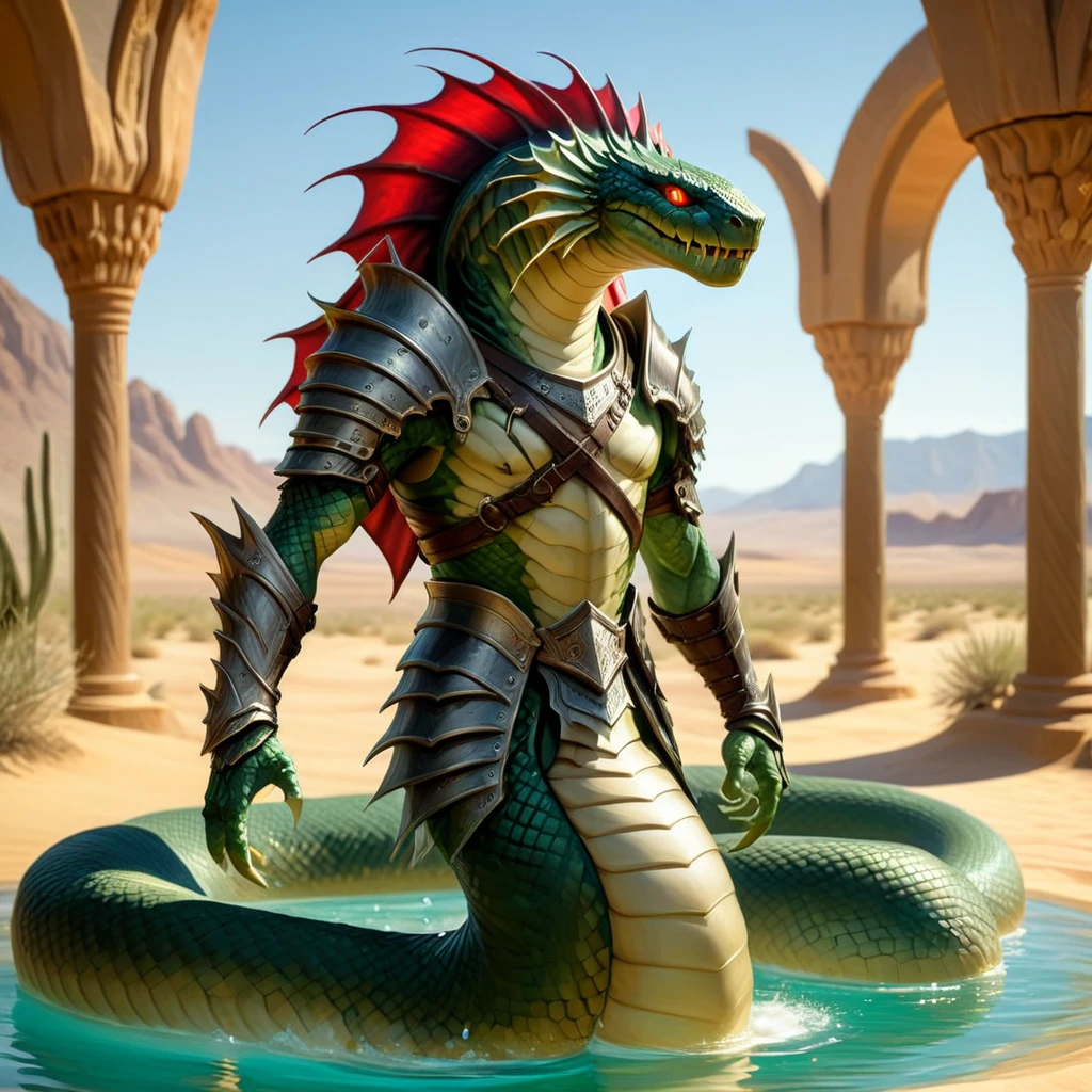 Naga, realism, male, armor casting elemental spell, desert background, oasis pool