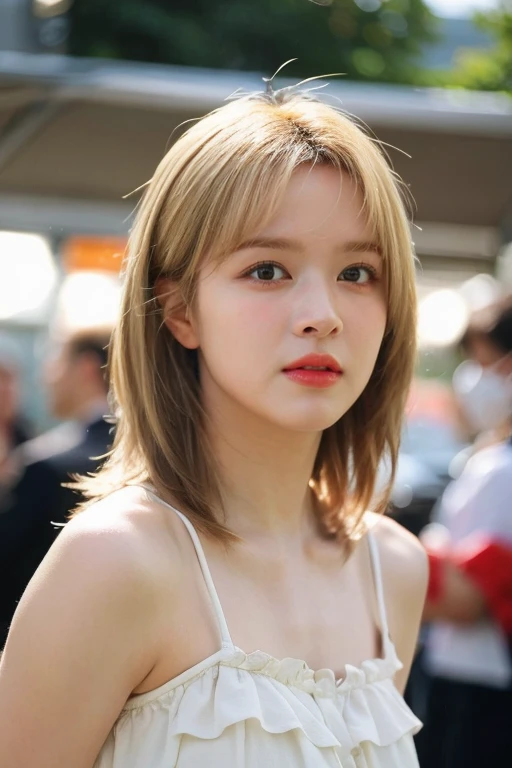 masterpiece, best quality, ultra-detailed, ultra high res, (photorealistic:1.4), raw photo, (realistic:0.2), 8k HDR, realistic lighting, looking at viewer, 1girl, solo, asymmetrical blonde hair, outdoor, sky, (traditional market:1.2), bokeh, (detailed lips), (detailed pores), (detailed skin textures), (detailed face:1.2), (body:1.2), a woman in a sundress, cowboy shot,