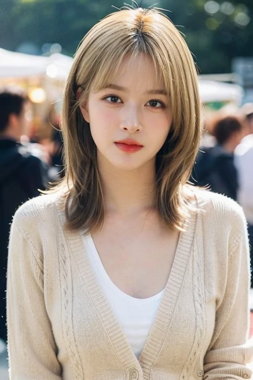 masterpiece, best quality, ultra-detailed, ultra high res, (photorealistic:1.4), raw photo, (realistic:0.2), 8k HDR, realistic lighting, looking at viewer, 1girl, solo, asymmetrical blonde hair, outdoor, sky, (traditional market:1.2), bokeh, (detailed lips), (detailed pores), (detailed skin textures), (detailed face:1.2), (body:1.2), a woman in a cardigan, cowboy shot,