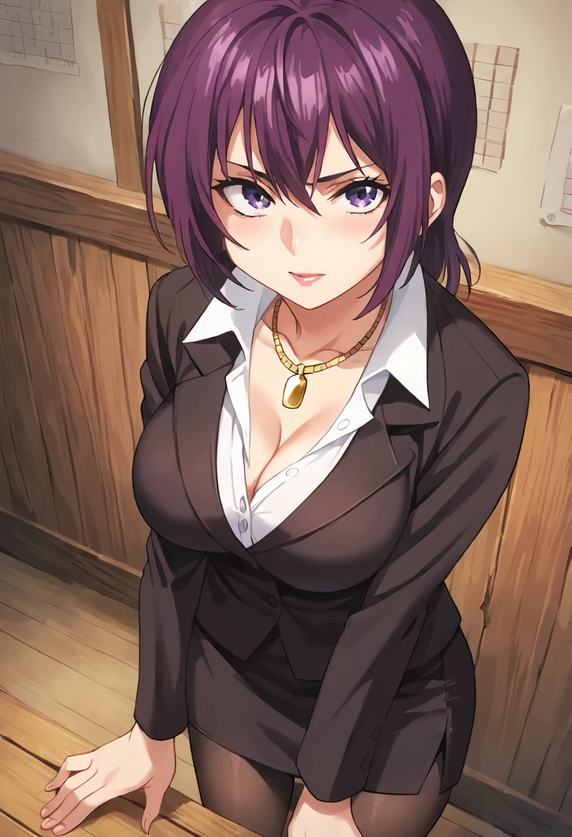 score_9, score_8_up, score_7_up, masterpiece, source_anime, 1girl, ct_yaeko, medium hair, purple hair, large breasts, light purple eyes, gold necklace, black suit, long sleeves, black pencil skirt, pantyhose, looking at viewer, indoors, wooden wall, cowboy shot,  <lora:YaekoMinegasaki_Pony_ct_ver3:1>