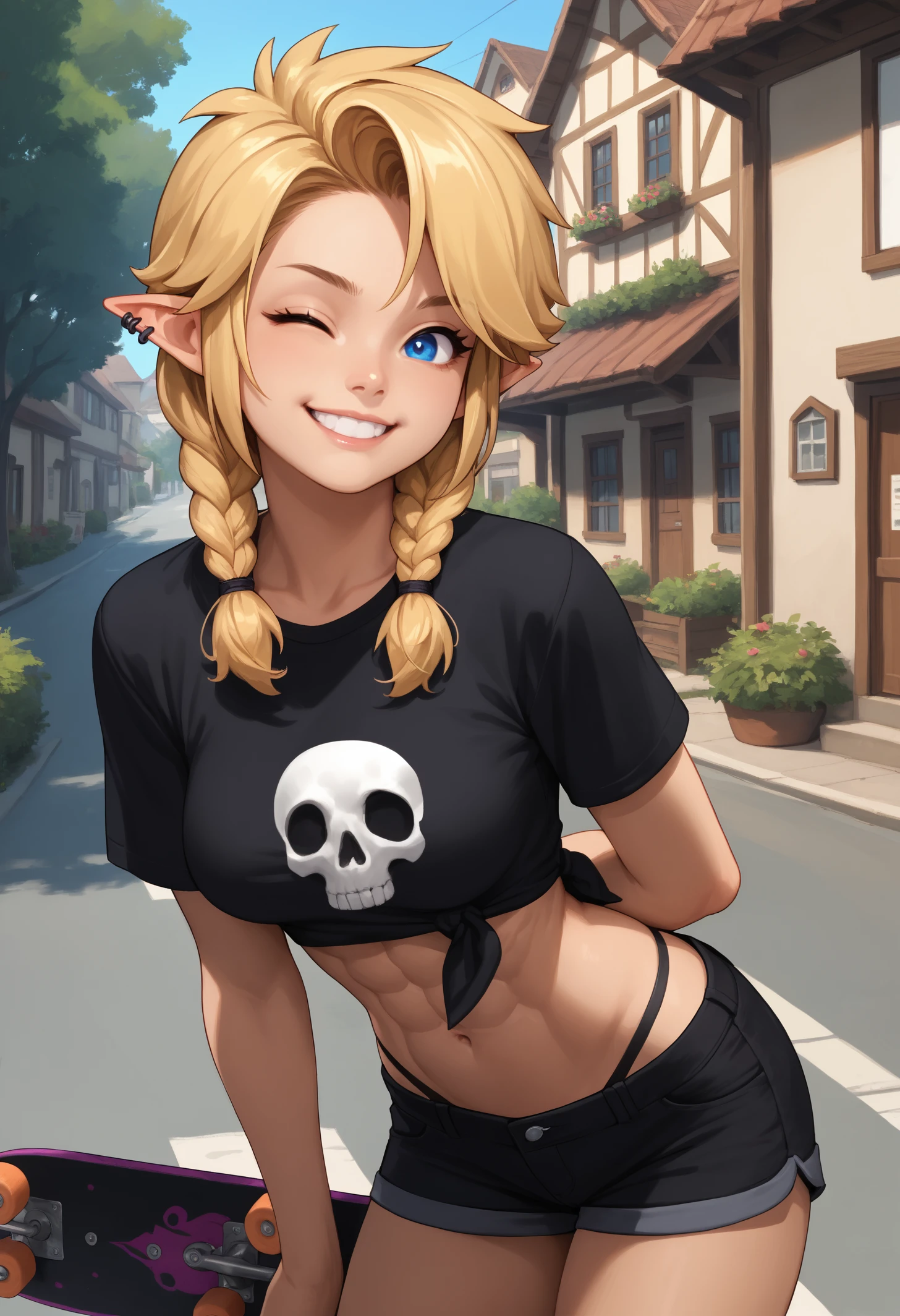 score_9, score_8_up, score_7_up, 1girl, sasro, pointy ears, blue eyes, ear piercing, blonde hair, medium hair, swept bangs, twin braids, large breasts, toned, abs, navel, purple nails, black nails,
black t-shirt, tied shirt, crop top, skull print, print shirt, black highleg panties, black shorts, demin shorts, hot pants,
looking at viewer, smile, wink, pink skateboard, v sign, leaning forward, arm behind back,
outdoors, village, street, bush, blue sky, 
<lora:Sassy-Ronin-PDXL_V1-Manityro-CAME:1.0>,