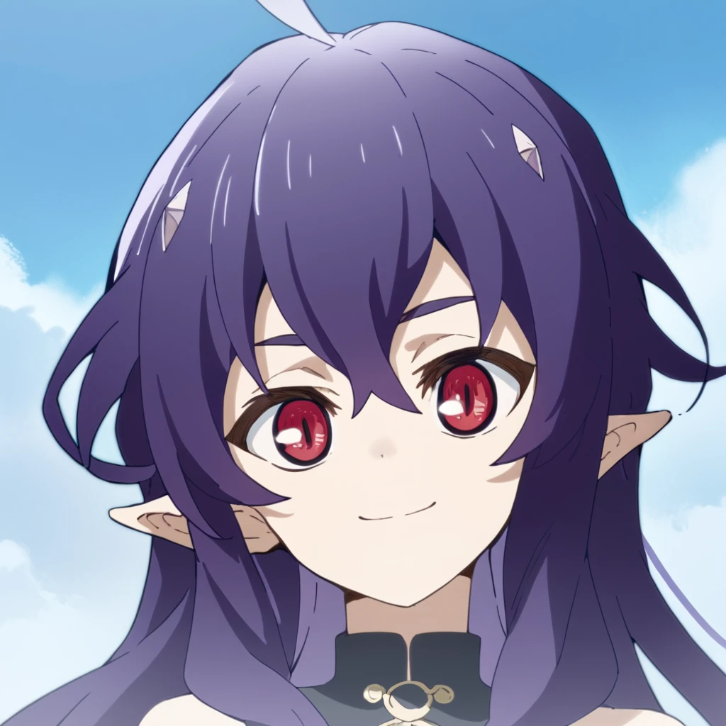 score_9, score_8_up, score_7_up, score_6_up, score_5_up, score_4_up, source_anime,  Asuramaru, long hair, red eyes, purple hair, ahoge, pointy ears, , soft smile, portrait