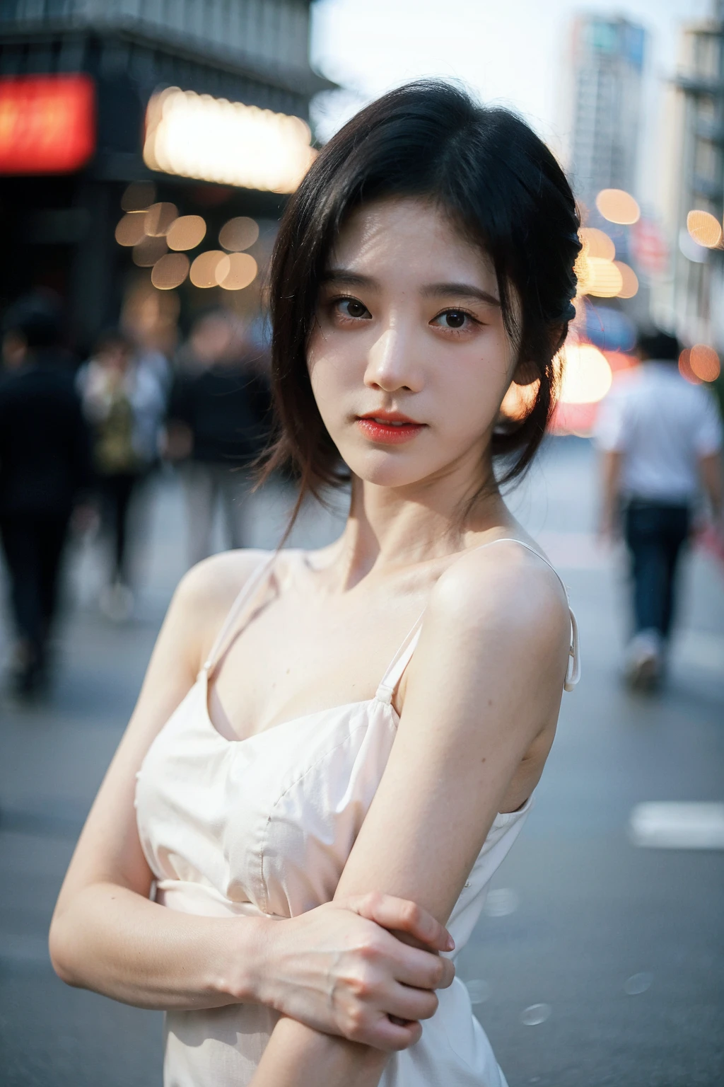 Best quality, masterpiece, ultra high res, (photorealistic), raw photo,1girl, skinny, upper body,solo, realistic, looking at viewer, bokeh background, city streets, mini dress,  <lora:makina69_jujingyi_v1.0:1>