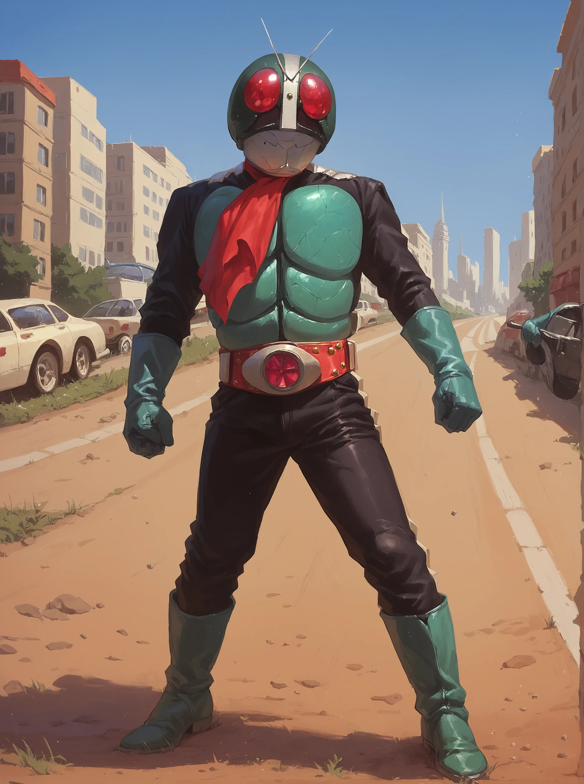 score_9, score_8_up, score_7_up, masterpiece,kamen rider, 1boy, male focus, solo, antennae, boots, belt, gloves, helmet, city, road,  post apocalypse, outdoor, <lora:sn0wStyle:1> <lora:HKHorrorXL:1>,  <lora:Kamen_Rider_Nigo_1971:1>