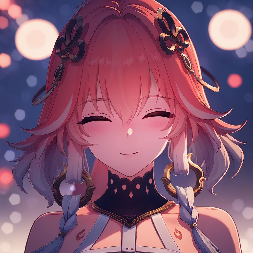 score_9, score_8_up, score_7_up,  <lora:changliWuWaV2x3:0.8> changlix, 1girl, multicolored hair, gold headband, earrings, choker, solo, blush, warm smile, closed mouth, upper body, closed eyes, night, ^ ^, portrait, close-up, facing viewer, straight-on, blurry background, blurred bokeh, nighttime ambiance, abstract light patterns