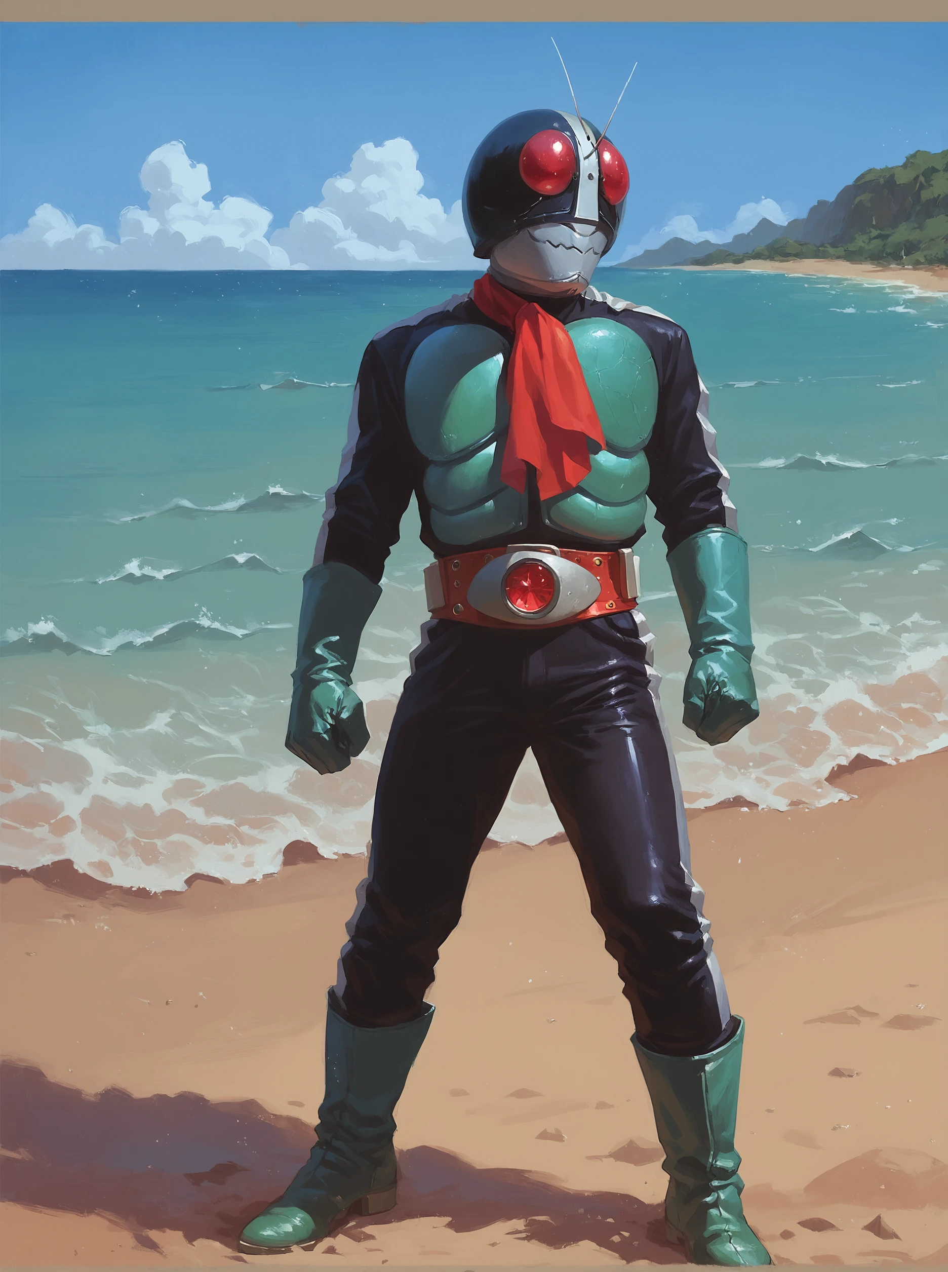 score_9, score_8_up, score_7_up, masterpiece,kamen rider, 1boy, male focus, solo, antennae, boots, belt, gloves, helmet, sea,  outdoor, <lora:sn0wStyle:1> <lora:HKHorrorXL:1>,  <lora:Kamen_Rider_Nigo_1971:1>