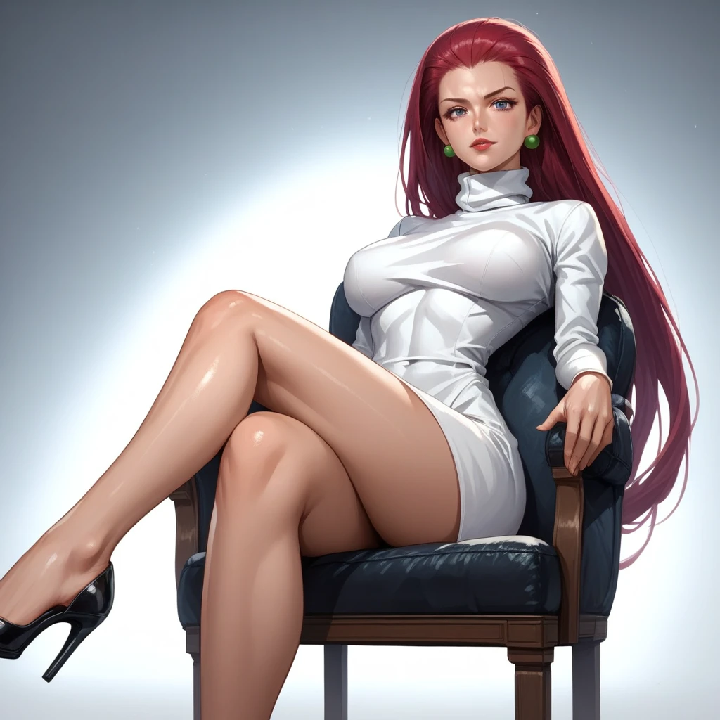 Basic Instinct Pose, B4sic1nstinctP0se, basic_instinct_(movie), source_anime,  artist style:Urushihara Satoshi, source_hentai, source_anime,1woman, looking at viewer, facing viewer, dress, turtleneck, sitting, on_chair, bare_legs, high_heels, masterpiece,, score_9, score_8_up, score_7_up, score_6_up, Jessie\(Pokemon\), BREAK, 1girl, solo, (Jessie from Pokemon), redhead, long hair, perfect face, perfect eyes, sexy, sexy girl, seductive, beautiful eyes, petite body, wide hips, large breasts, posing, dynamic angle,