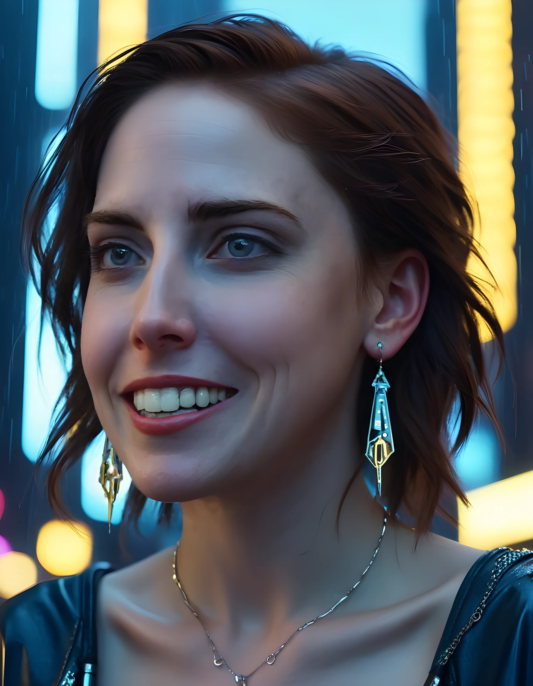 A close-up, high-definition image captures L41N4, a woman with cascading brown hair adorned in an exquisite, futuristic ensemble of shimmering silver and gold accents. Her striking, slightly crooked teeth flash as she offers a warm, inviting smile. Set against the backdrop of a neon-lit, rain-soaked cyberpunk cityscape, the image is captured from a low angle that emphasizes her defiant posture, hands clasped behind her head and adorned with intricate silver earrings dangling from pierced ears. The scene is bathed in a cool blue light, casting an emotional tone of rebelliousness and resilience.