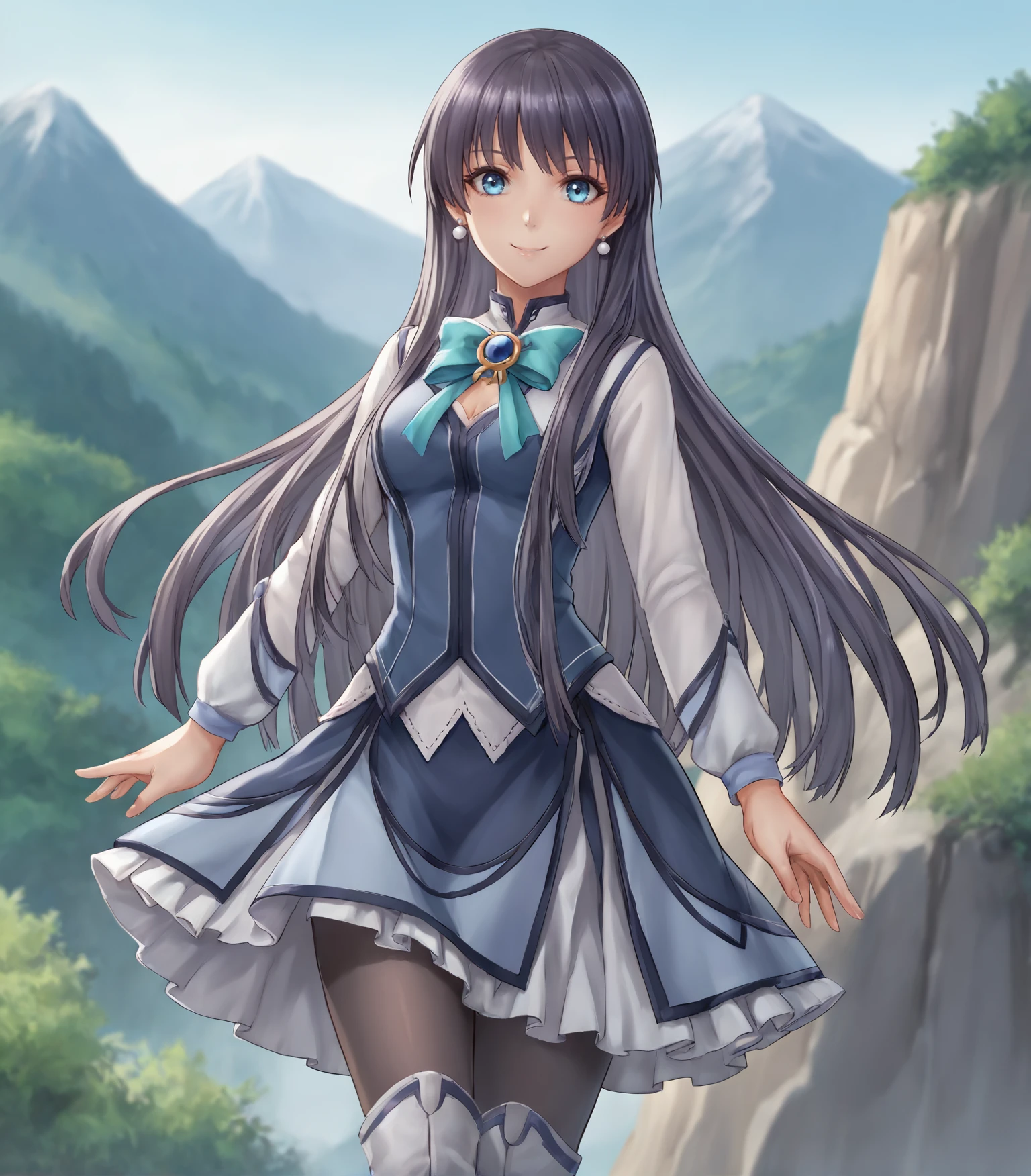 score_9, score_8_up, score_7_up, score_6_up, score_5_up, score_4_up, BREAK source_anime,
1girl, solo,  <lora:EliseSchwarzer:0.9>, Elise Schwarzer, blue eyes, long hair, black hair,  medium breasts, hair ornament, jewelry, pearl earrings, blue dress, white sleeves, white boots, black pantyhose, 
outdoors, distant mountains, looking at viewer, cowboy shot , smile,
<lora:Racoonkun_Artist_Style:0.6>, racoonsan,,