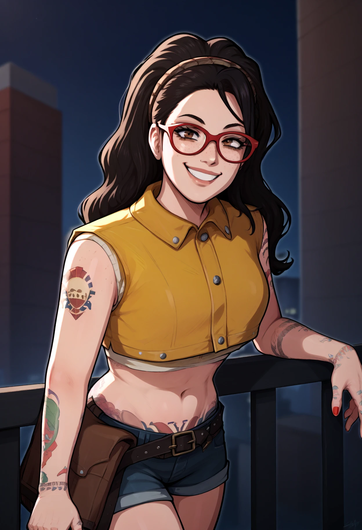 score_9, score_8_up,score_7_up, 1girl,<lora:DMCNC_pdxl_EliPot:1> OutfitMch, mature female, black hair, long hair, brown eyes, glasses, red-framed eyewear, plaid hairband, freckles,
yellow vest, crop top, belt pouch, utility belt, denim shorts, short shorts, shoulder tattoo, arm tattoo, hand tattoo, stomach tattoo, nail polish, 
smile, leaning, against railing, looking at viewer, upper body, outdoors, city, dark, night, evening,
<lora:frbll_pdxl_EliPot:1>